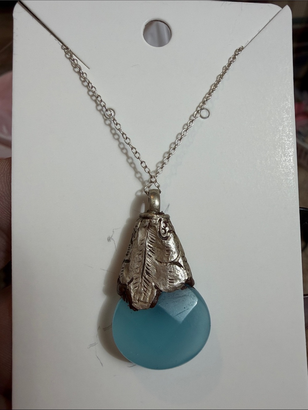 Silver Leaf antique aquamarine Pendant Necklace - Women Jewelry